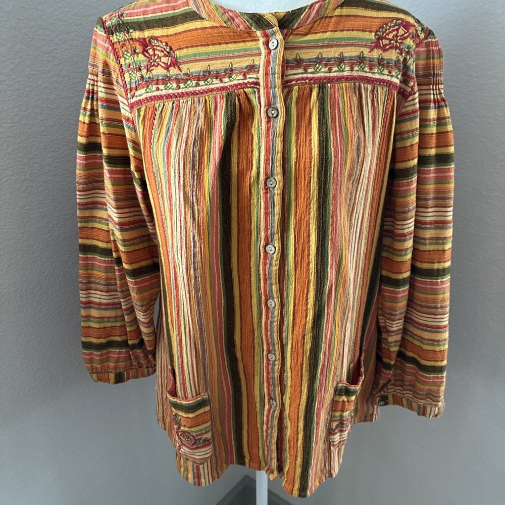 April Cornell Peasant Top Floral Embroidery Striped Babydoll Boho Cottage Large